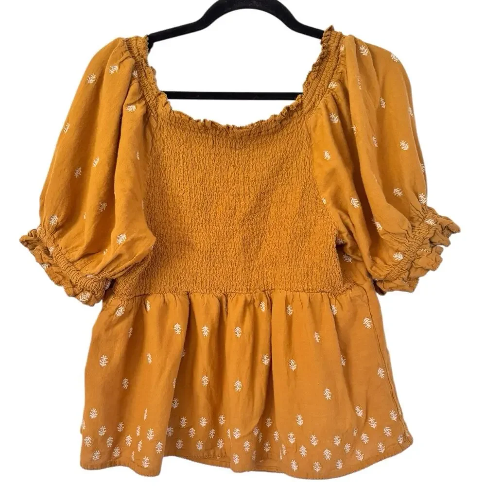 Old Navy Mustard Yellow Smocked Puff Sleeve Peasant Top Women’s Size Large